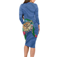 Hawaii Pikake and Maile Lei Long Sleeve Bodycon Dress Honu Polynesian Pattern Blue Color LT03 - Polynesian Pride