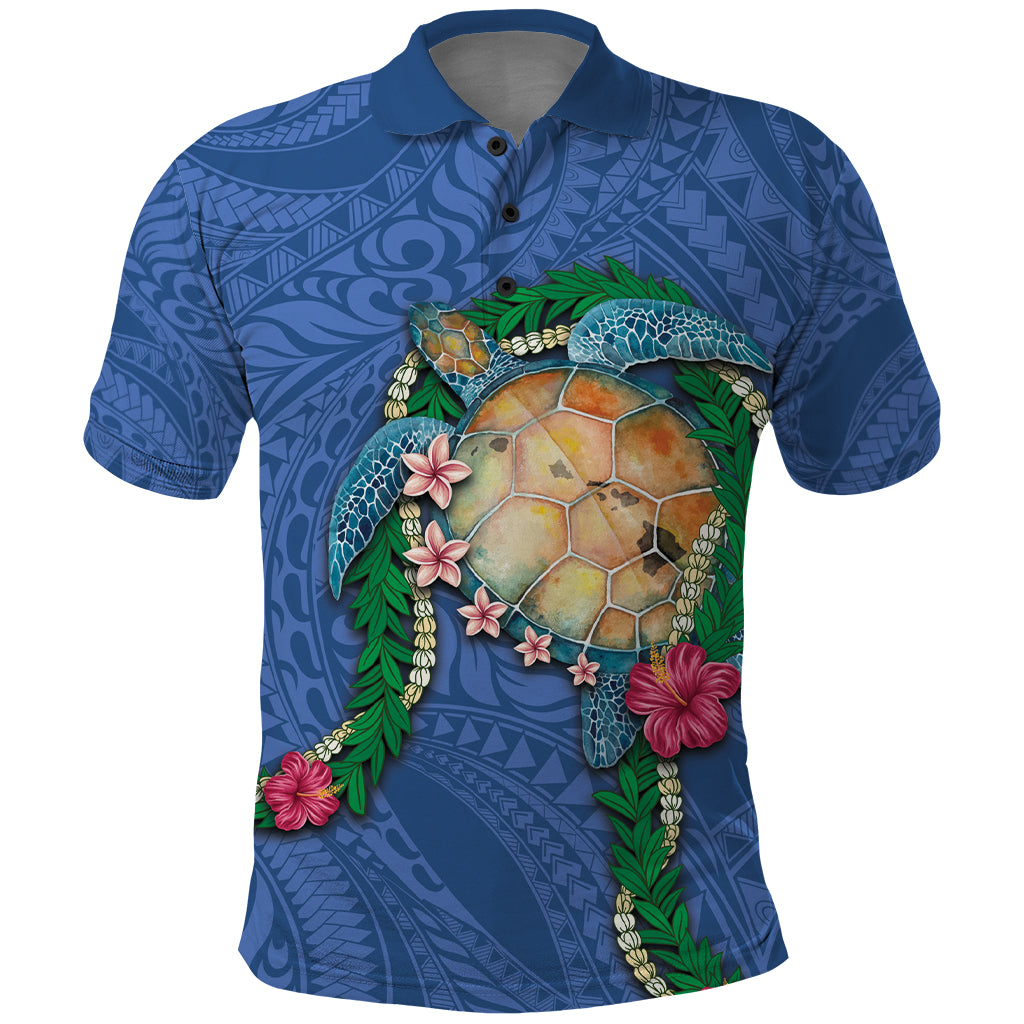 Hawaii Pikake and Maile Lei Polo Shirt Honu Polynesian Pattern Blue Color LT03 Blue - Polynesian Pride