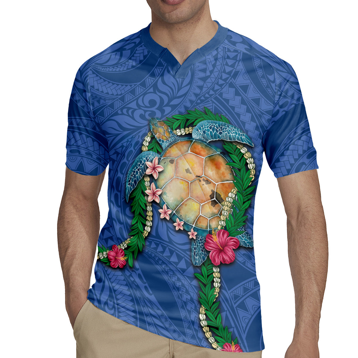 Hawaii Pikake and Maile Lei Rugby Jersey Honu Polynesian Pattern Blue Color LT03 - Polynesian Pride