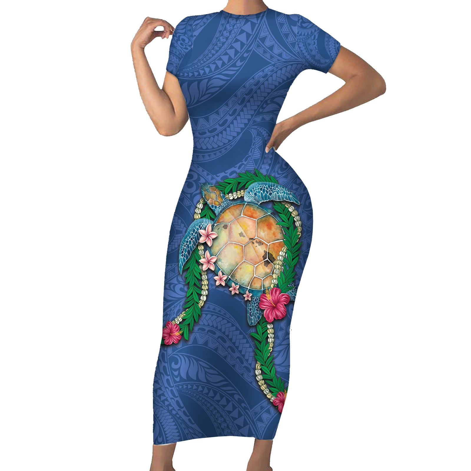 Hawaii Pikake and Maile Lei Short Sleeve Bodycon Dress Honu Polynesian Pattern Blue Color LT03 Long Dress Blue - Polynesian Pride