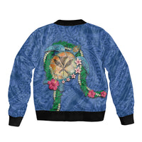 Hawaii Pikake and Maile Lei Sleeve Zip Bomber Jacket Honu Polynesian Pattern Blue Color LT03 - Polynesian Pride