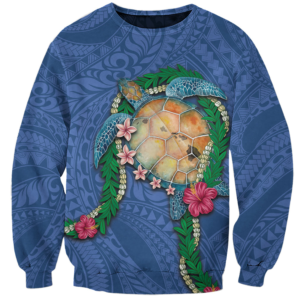 Hawaii Pikake and Maile Lei Sweatshirt Honu Polynesian Pattern Blue Color LT03 Unisex Blue - Polynesian Pride
