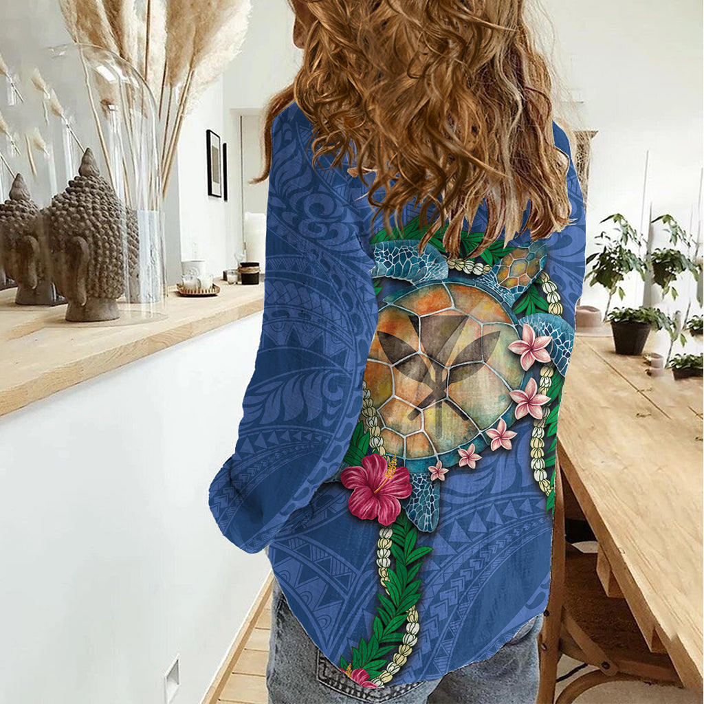 Hawaii Pikake and Maile Lei Women Casual Shirt Honu Polynesian Pattern Blue Color LT03 - Polynesian Pride