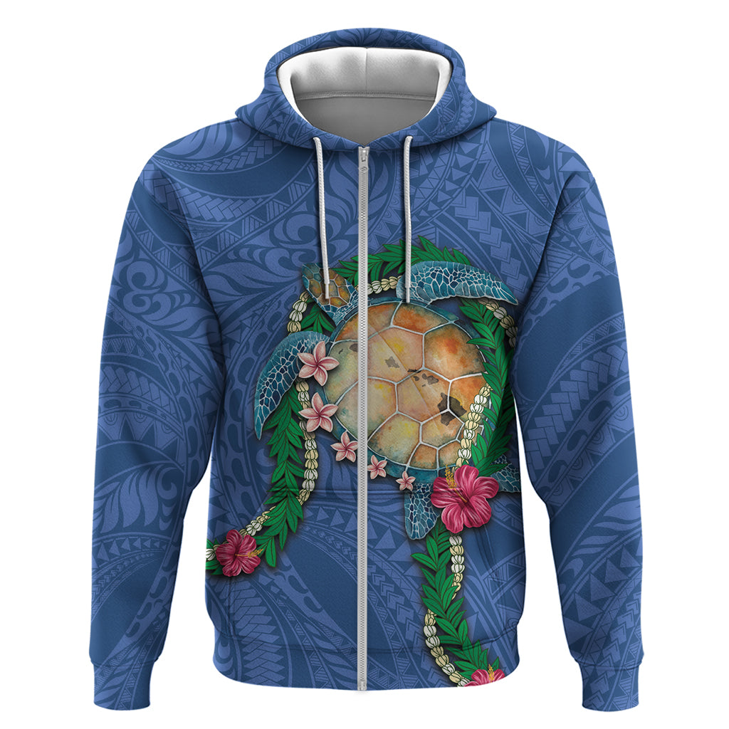 Hawaii Pikake and Maile Lei Zip Hoodie Honu Polynesian Pattern Blue Color LT03 Zip Hoodie Blue - Polynesian Pride