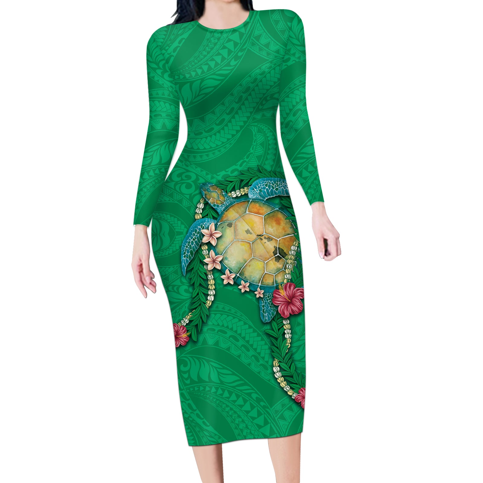 Hawaii Pikake and Maile Lei Long Sleeve Bodycon Dress Honu Polynesian Pattern Green Color LT03 Long Dress Green - Polynesian Pride