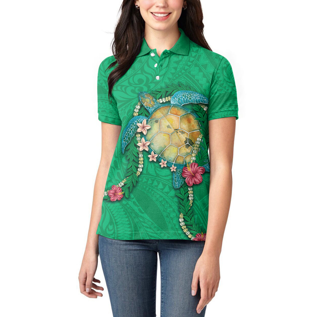 Hawaii Pikake and Maile Lei Women Polo Shirt Honu Polynesian Pattern Green Color LT03 - Polynesian Pride
