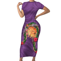 Hawaii Pikake and Maile Lei Short Sleeve Bodycon Dress Honu Polynesian Pattern Pink Color LT03 Long Dress Pink - Polynesian Pride