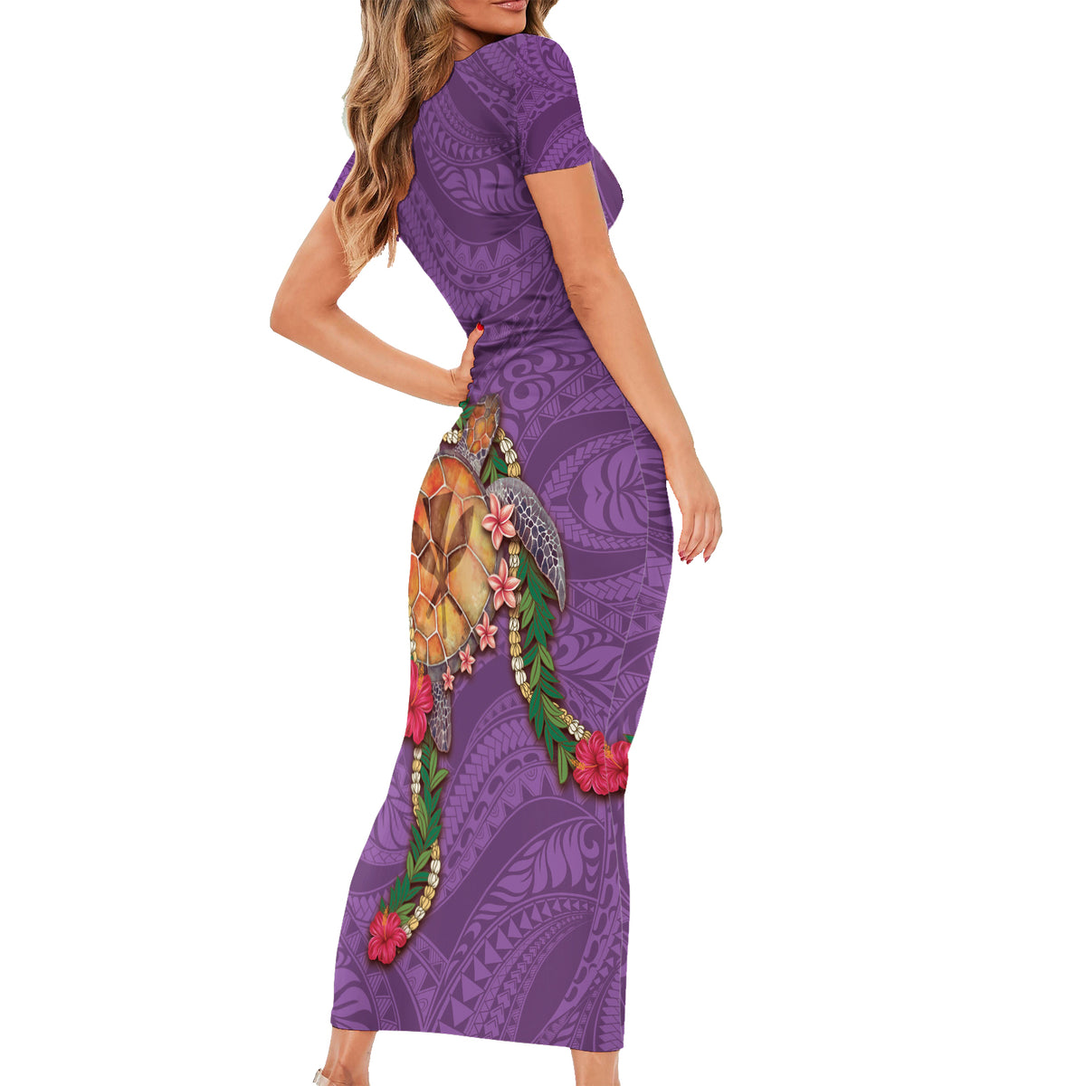 Hawaii Pikake and Maile Lei Short Sleeve Bodycon Dress Honu Polynesian Pattern Pink Color LT03 - Polynesian Pride