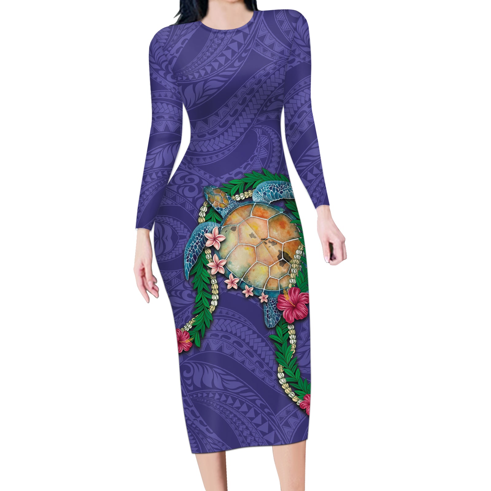 Hawaii Pikake and Maile Lei Long Sleeve Bodycon Dress Honu Polynesian Pattern Purple Color LT03 Long Dress Purple - Polynesian Pride