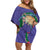 Hawaii Pikake and Maile Lei Off Shoulder Short Dress Honu Polynesian Pattern Purple Color