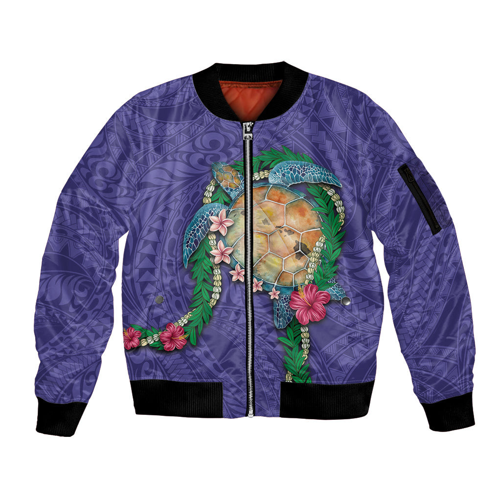Hawaii Pikake and Maile Lei Sleeve Zip Bomber Jacket Honu Polynesian Pattern Purple Color LT03 Unisex Purple - Polynesian Pride