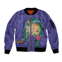 Hawaii Pikake and Maile Lei Sleeve Zip Bomber Jacket Honu Polynesian Pattern Purple Color LT03 Unisex Purple - Polynesian Pride