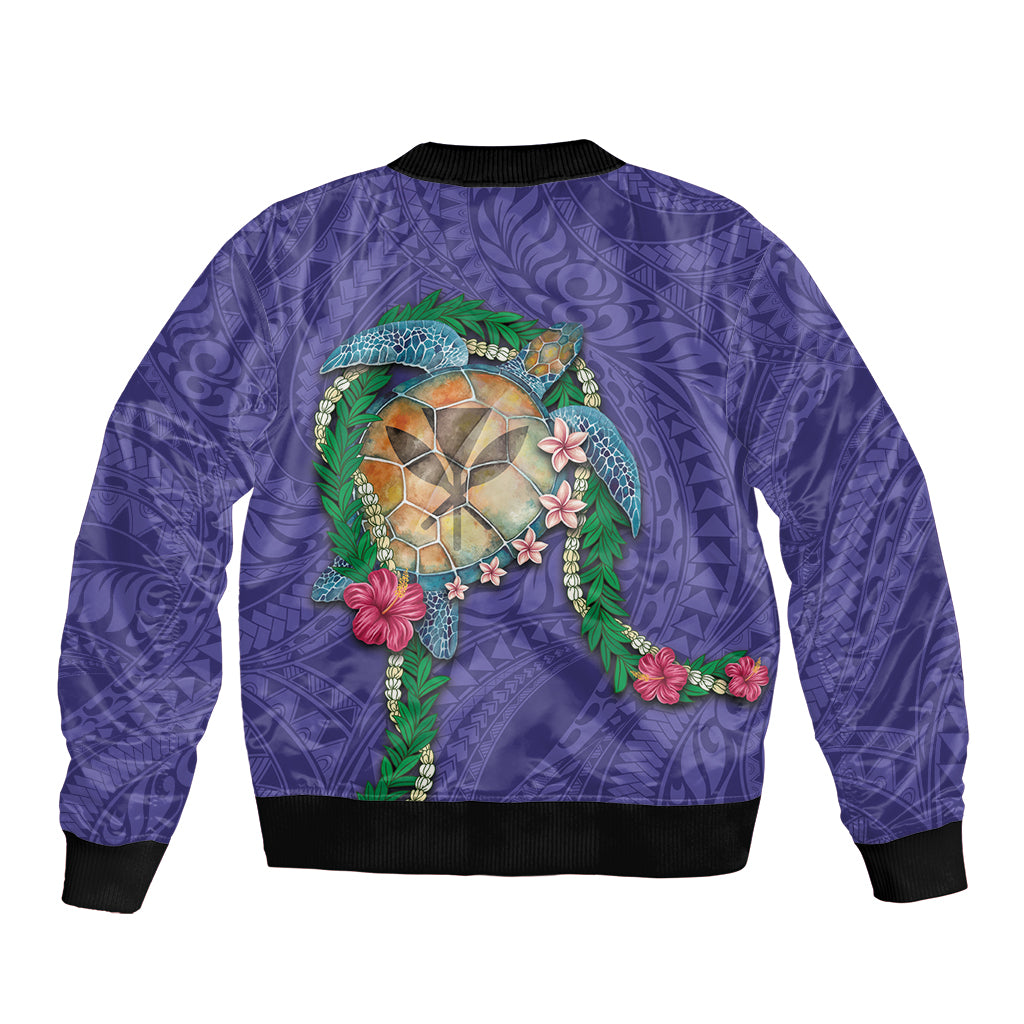 Hawaii Pikake and Maile Lei Sleeve Zip Bomber Jacket Honu Polynesian Pattern Purple Color LT03 - Polynesian Pride