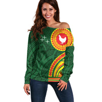 Manu'a Cession Day Off Shoulder Sweater Polynesian Pattern LT03 Women Green - Polynesian Pride