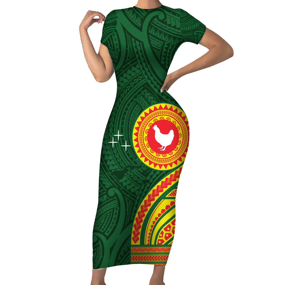 Manu'a Cession Day Short Sleeve Bodycon Dress Polynesian Pattern LT03 Long Dress Green - Polynesian Pride