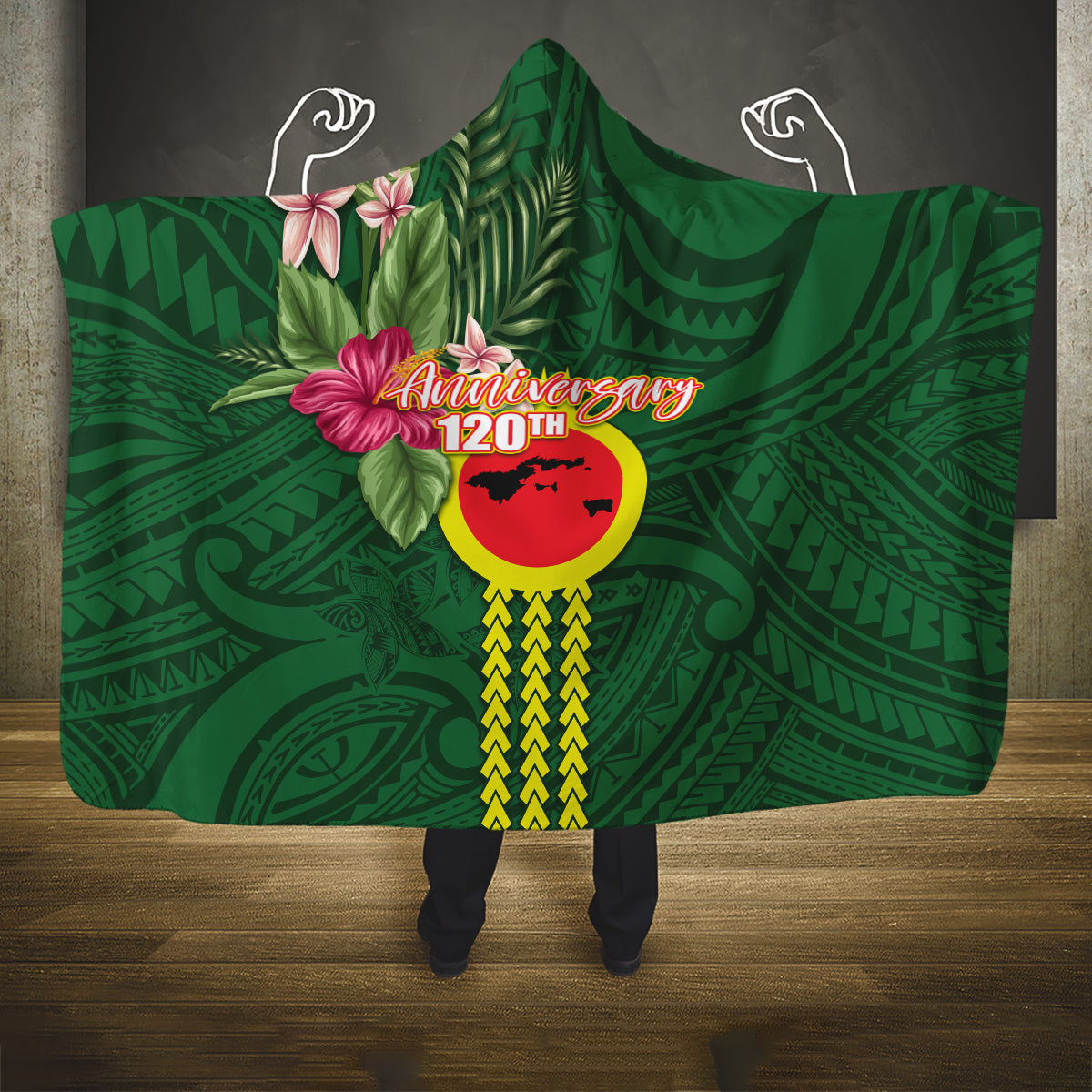 Manu'a Cession Day 120th Anniversary Hooded Blanket Polynesian Pattern and Hibiscus Flower