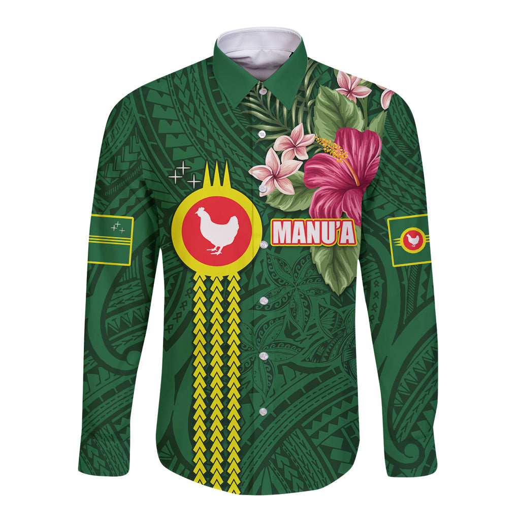 Manu'a Cession Day 120th Anniversary Long Sleeve Button Shirt Polynesian Pattern and Hibiscus Flower LT03 Unisex Green - Polynesian Pride