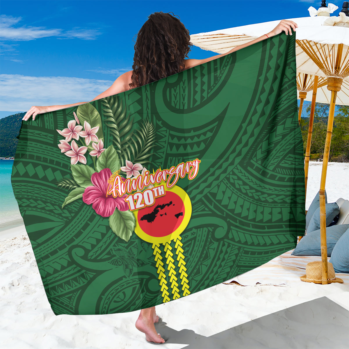 Manu'a Cession Day 120th Anniversary Sarong Polynesian Pattern and Hibiscus Flower LT03 One Size 44 x 66 inches Green - Polynesian Pride