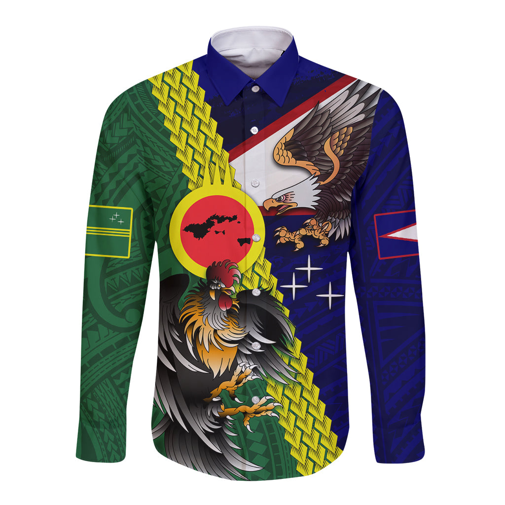 Manu'a Island and American Samoa Long Sleeve Button Shirt Rooster and Eagle Mascot LT03 Unisex Green - Polynesian Pride