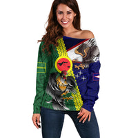 Manu'a Island and American Samoa Off Shoulder Sweater Rooster and Eagle Mascot LT03 Women Green - Polynesian Pride