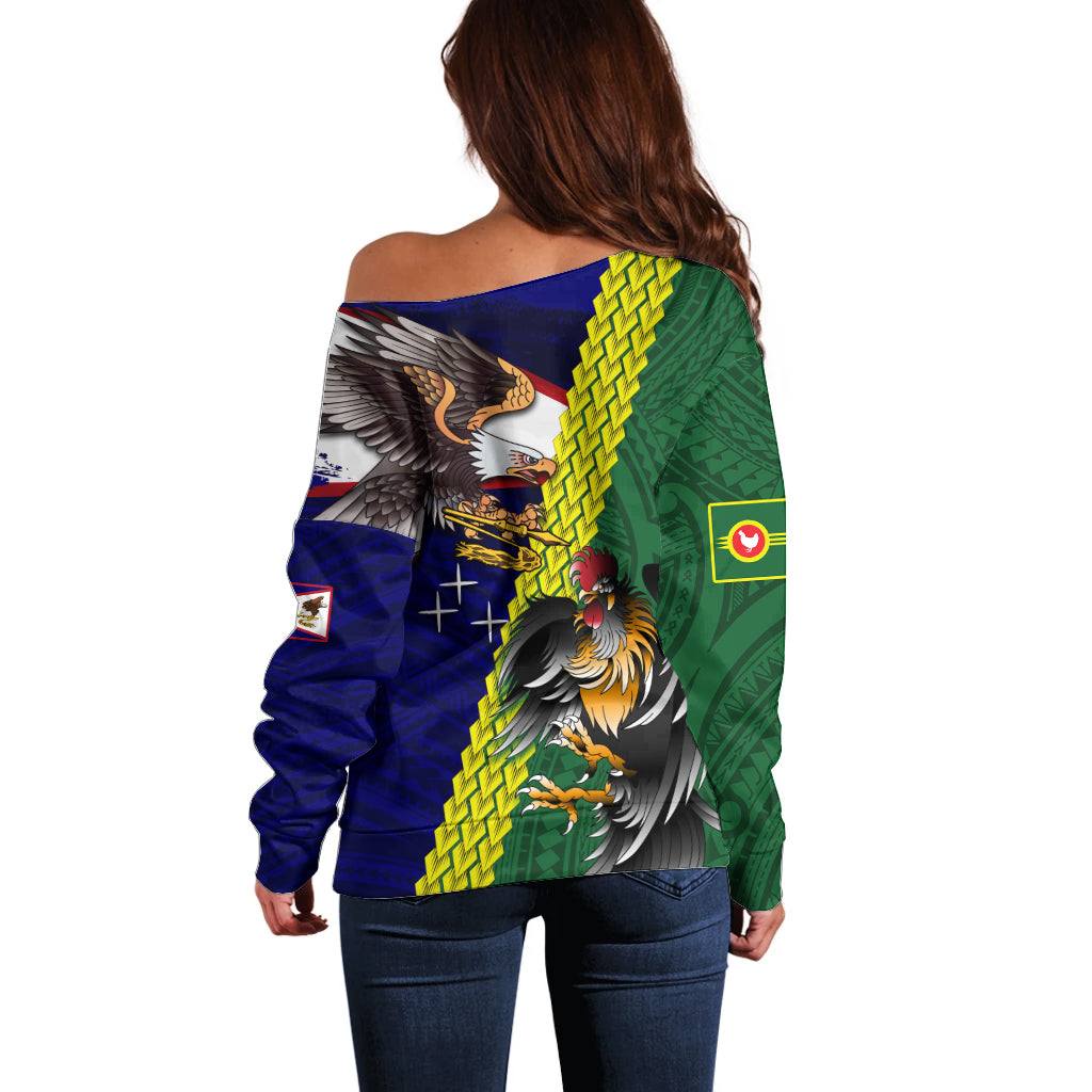 Manu'a Island and American Samoa Off Shoulder Sweater Rooster and Eagle Mascot LT03 - Polynesian Pride