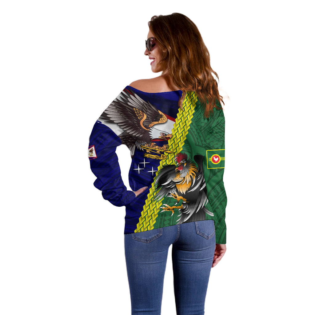 Manu'a Island and American Samoa Off Shoulder Sweater Rooster and Eagle Mascot LT03 - Polynesian Pride