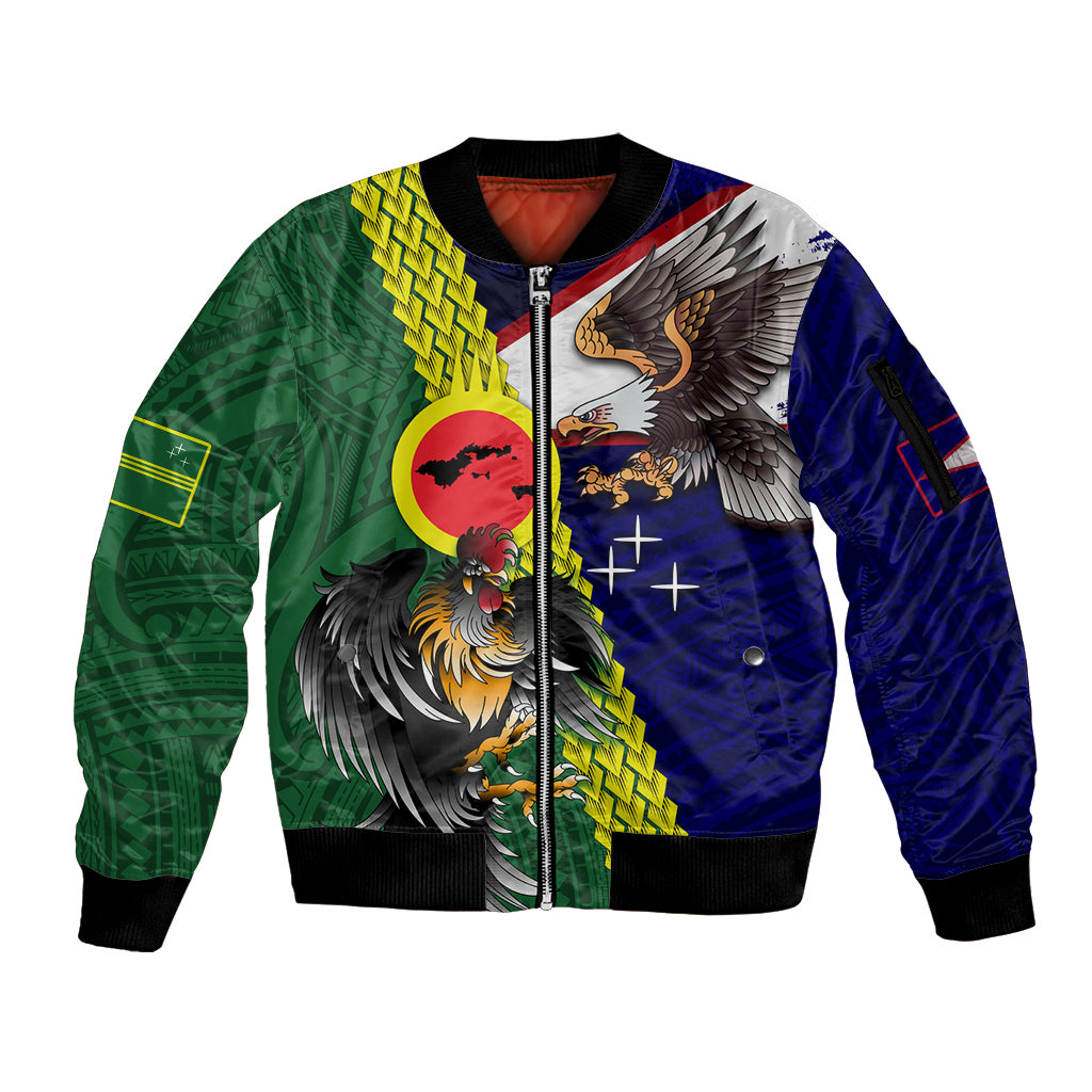 Manu'a Island and American Samoa Sleeve Zip Bomber Jacket Rooster and Eagle Mascot LT03 Unisex Green - Polynesian Pride