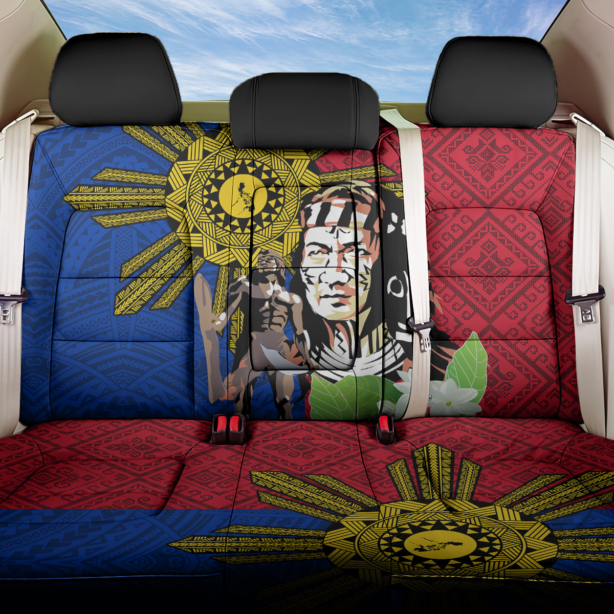 Philippines Lapu-Lapu Back Car Seat Cover Filipino Sun Tattoo With Yakan Pattern LT03 One Size Red - Polynesian Pride