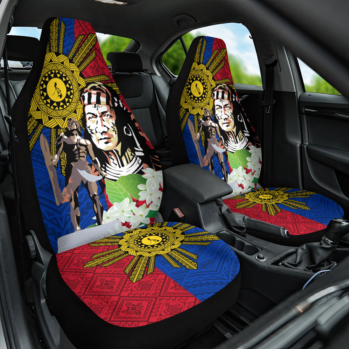 Philippines Lapu-Lapu Car Seat Cover Filipino Sun Tattoo With Yakan Pattern LT03 One Size Red - Polynesian Pride