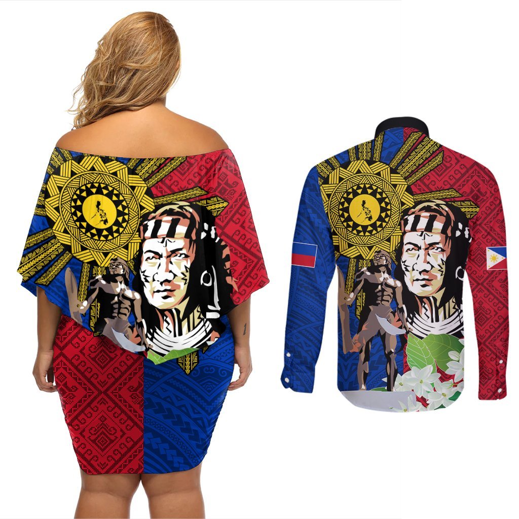 Philippines Lapu-Lapu Couples Matching Off Shoulder Short Dress and Long Sleeve Button Shirt Filipino Sun Tattoo With Yakan Pattern LT03 - Polynesian Pride