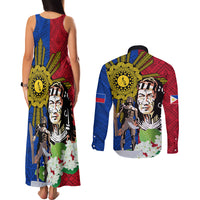 Philippines Lapu-Lapu Couples Matching Tank Maxi Dress and Long Sleeve Button Shirt Filipino Sun Tattoo With Yakan Pattern LT03 - Polynesian Pride