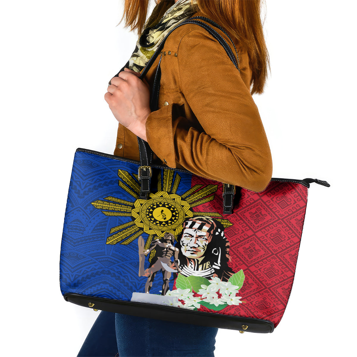 Philippines Lapu-Lapu Leather Tote Bag Filipino Sun Tattoo With Yakan Pattern LT03 Red - Polynesian Pride