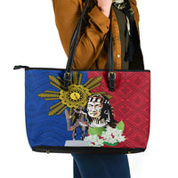 Philippines Lapu-Lapu Leather Tote Bag Filipino Sun Tattoo With Yakan Pattern LT03 - Polynesian Pride