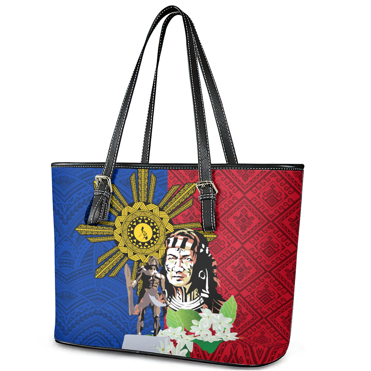 Philippines Lapu-Lapu Leather Tote Bag Filipino Sun Tattoo With Yakan Pattern LT03 - Polynesian Pride