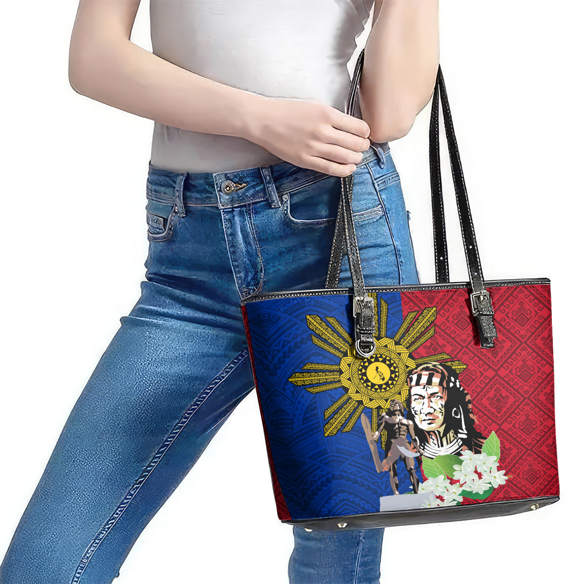 Philippines Lapu-Lapu Leather Tote Bag Filipino Sun Tattoo With Yakan Pattern LT03 - Polynesian Pride