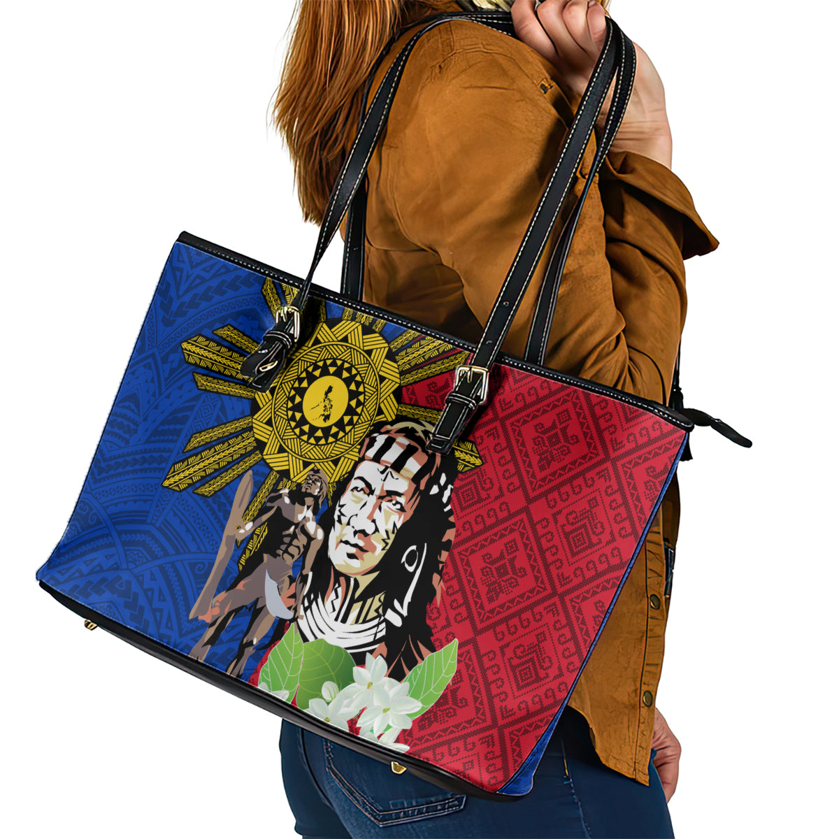Philippines Lapu-Lapu Leather Tote Bag Filipino Sun Tattoo With Yakan Pattern LT03 - Polynesian Pride