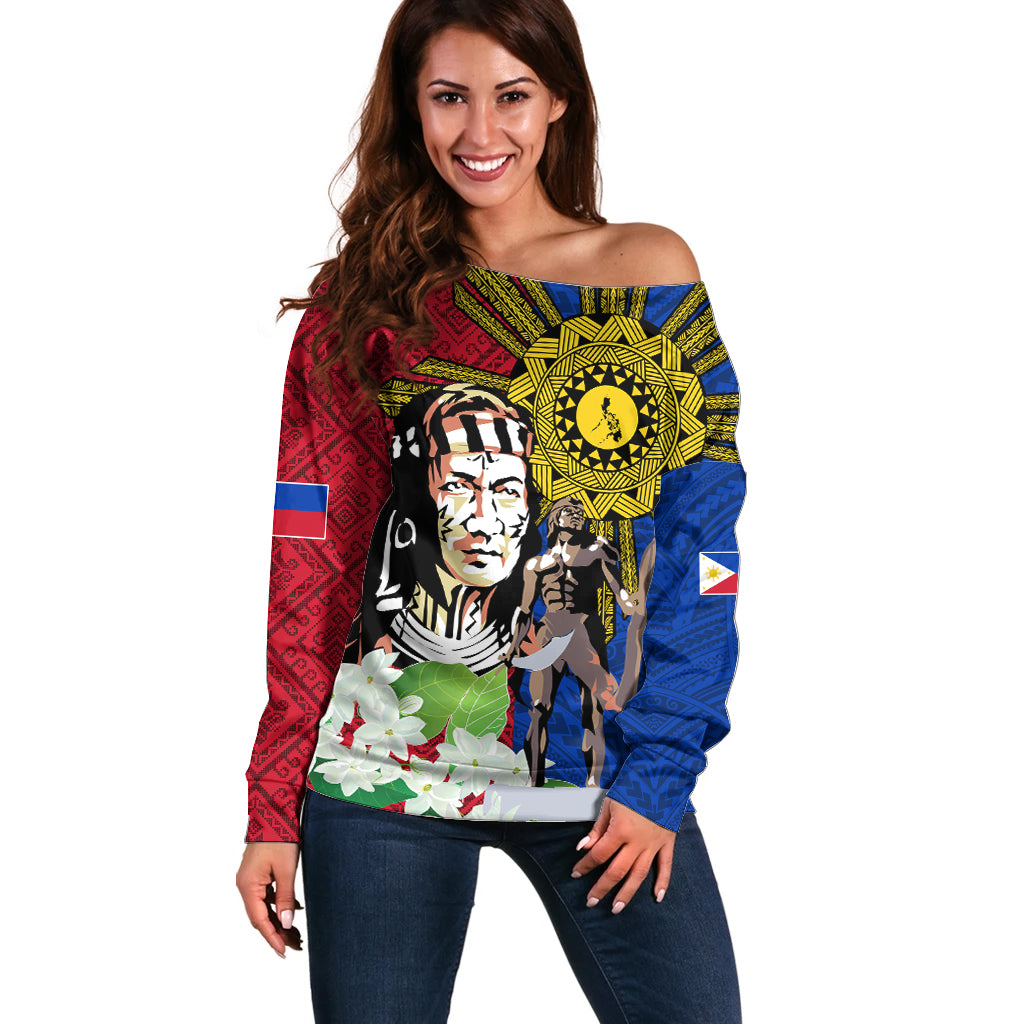 Philippines Lapu-Lapu Off Shoulder Sweater Filipino Sun Tattoo With Yakan Pattern LT03 Women Red - Polynesian Pride