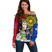 Philippines Lapu-Lapu Off Shoulder Sweater Filipino Sun Tattoo With Yakan Pattern LT03 Women Red - Polynesian Pride
