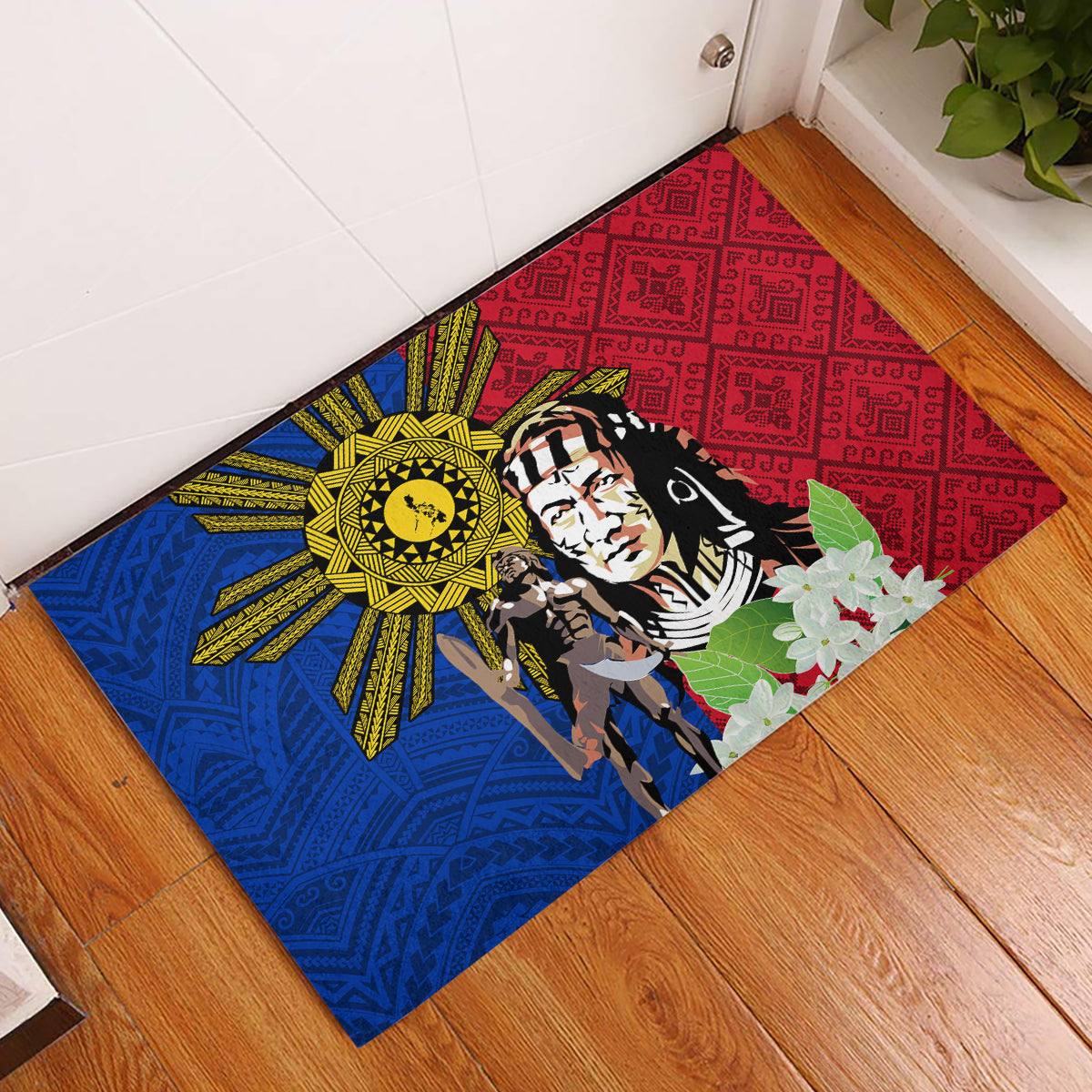 Philippines Lapu-Lapu Rubber Doormat Filipino Sun Tattoo With Yakan Pattern LT03 Red - Polynesian Pride
