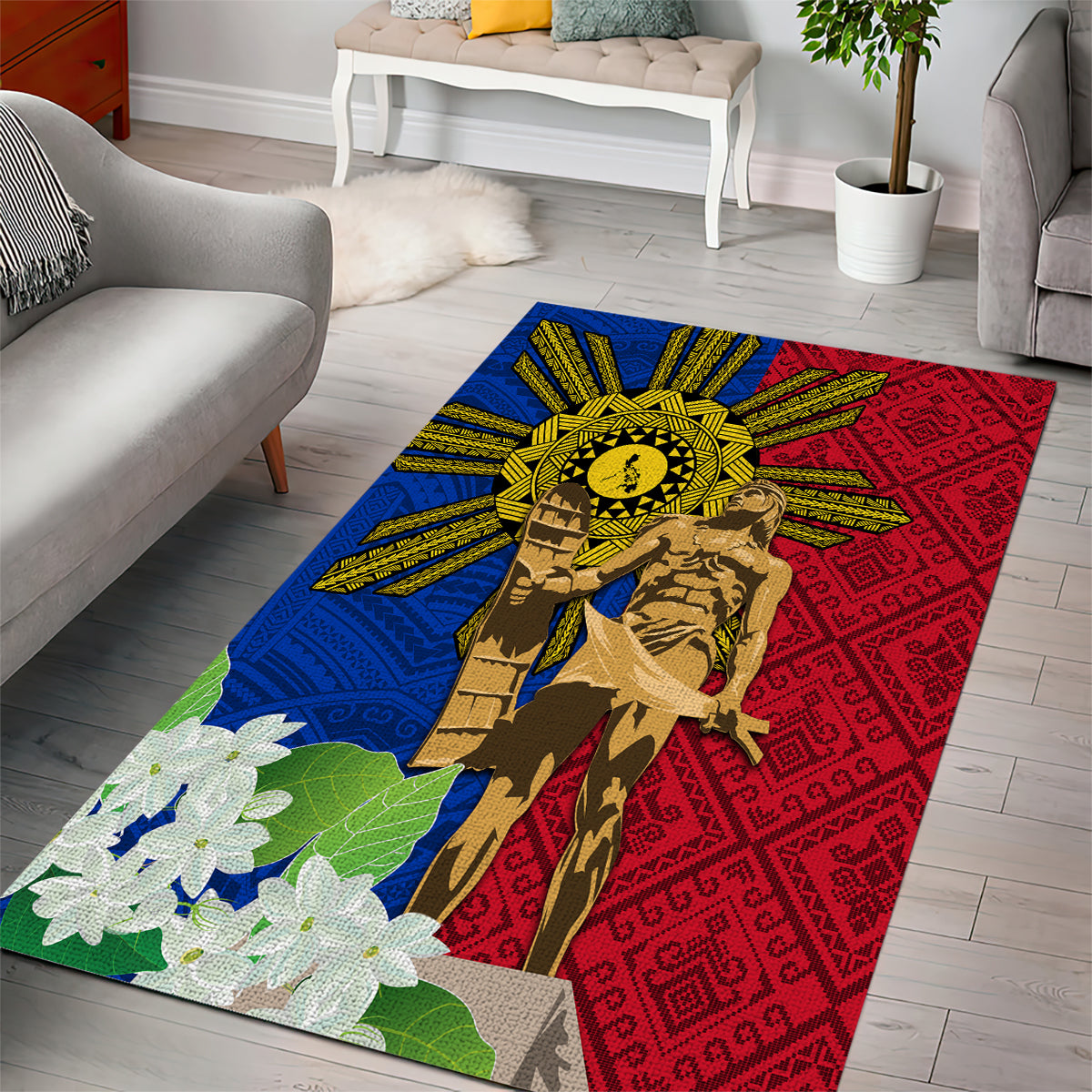 Philippines Lapu Lapu King Jasmine Flowers Area Rug Filipino Sun Tattoo LT03 - Polynesian Pride