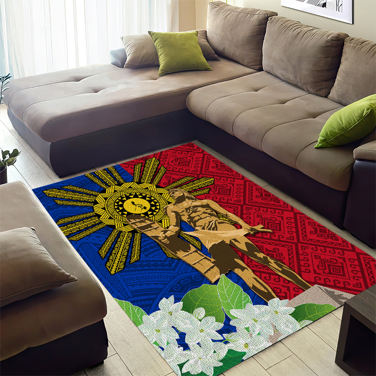 Philippines Lapu Lapu King Jasmine Flowers Area Rug Filipino Sun Tattoo LT03 - Polynesian Pride