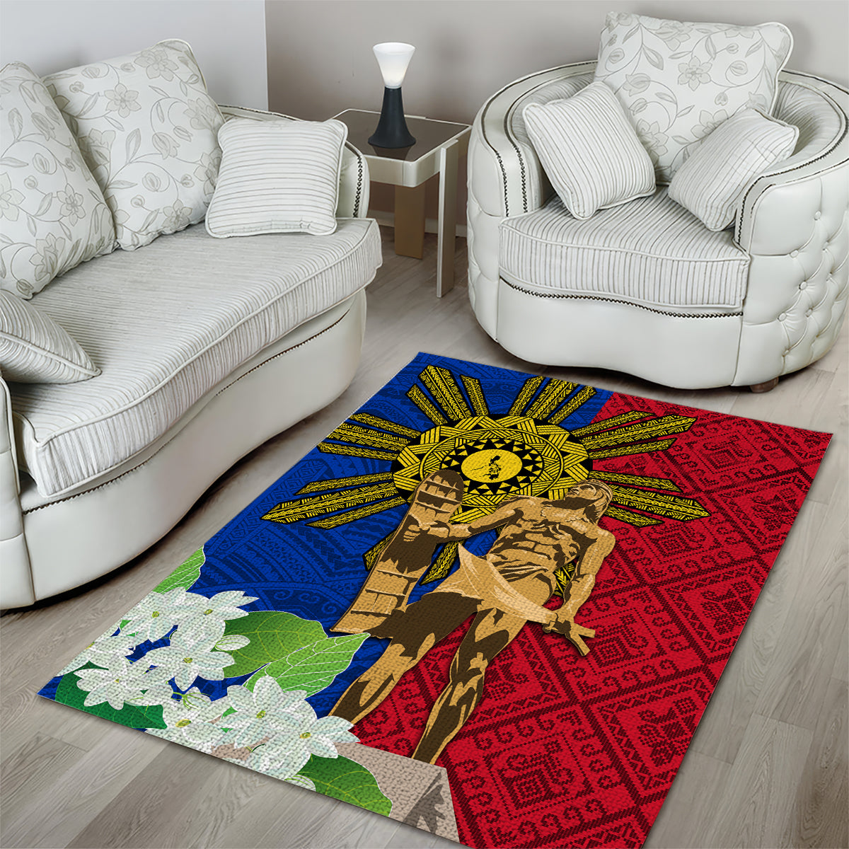 Philippines Lapu Lapu King Jasmine Flowers Area Rug Filipino Sun Tattoo LT03 - Polynesian Pride