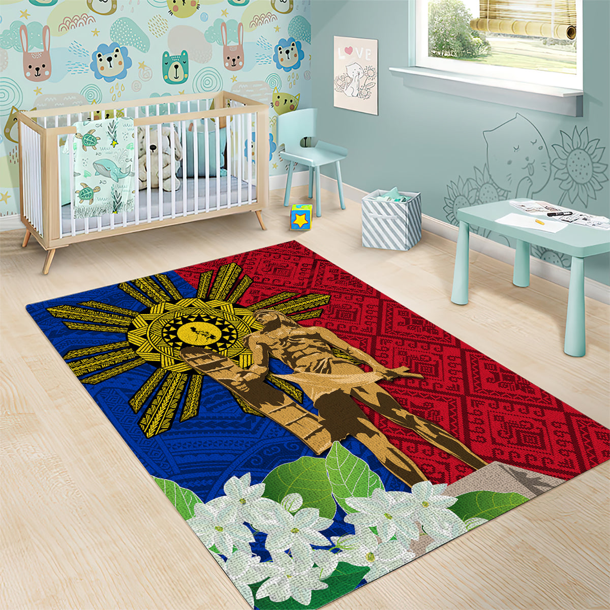 Philippines Lapu Lapu King Jasmine Flowers Area Rug Filipino Sun Tattoo LT03 - Polynesian Pride
