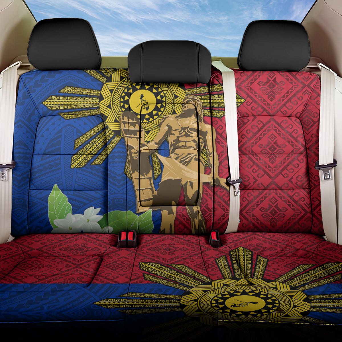 Philippines Lapu Lapu King Jasmine Flowers Back Car Seat Cover Filipino Sun Tattoo LT03 One Size Red - Polynesian Pride