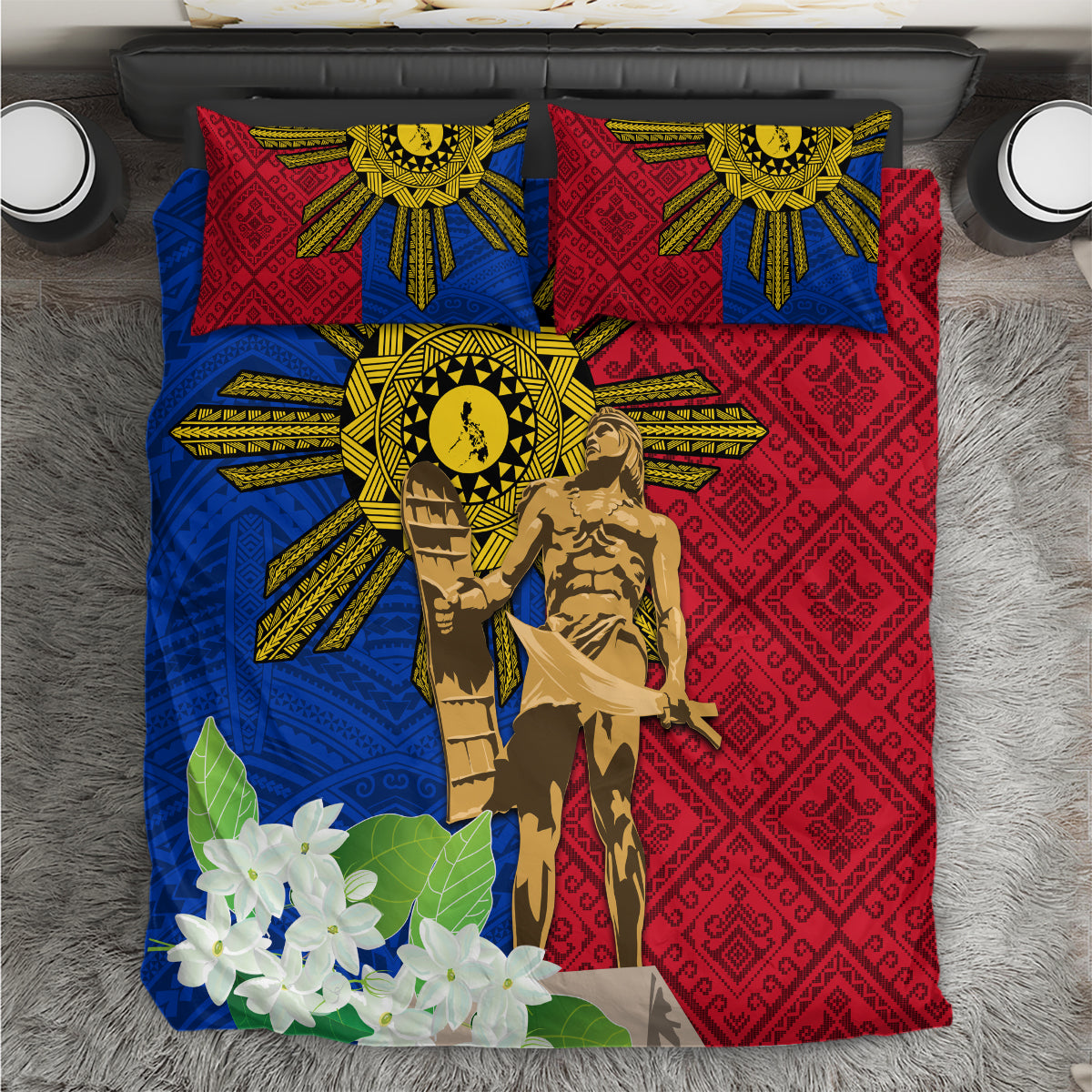 Philippines Lapu Lapu King Jasmine Flowers Bedding Set Filipino Sun Tattoo LT03 Red - Polynesian Pride