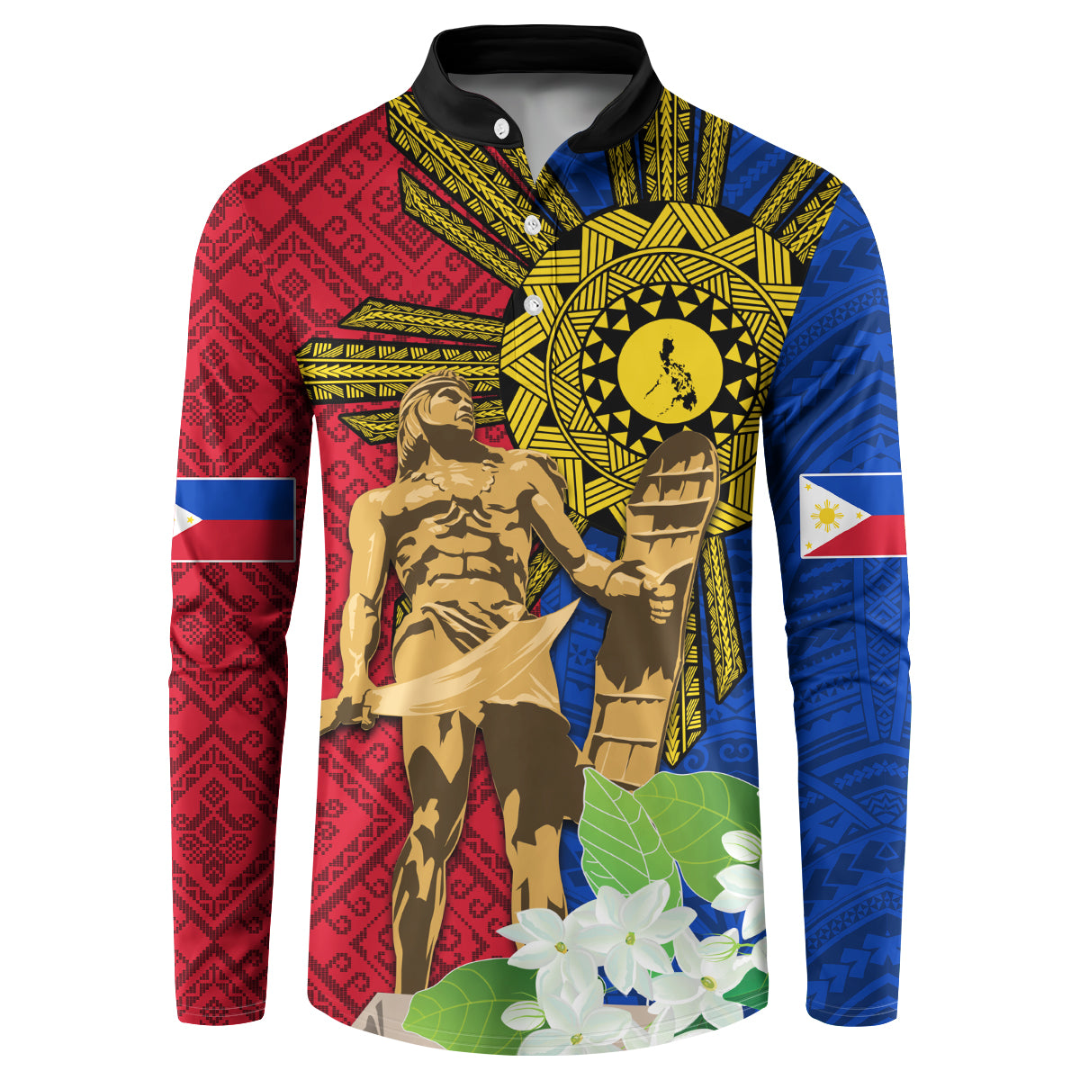 Philippines Lapu Lapu King Jasmine Flowers Button Sweatshirt Filipino Sun Tattoo LT03 Red - Polynesian Pride