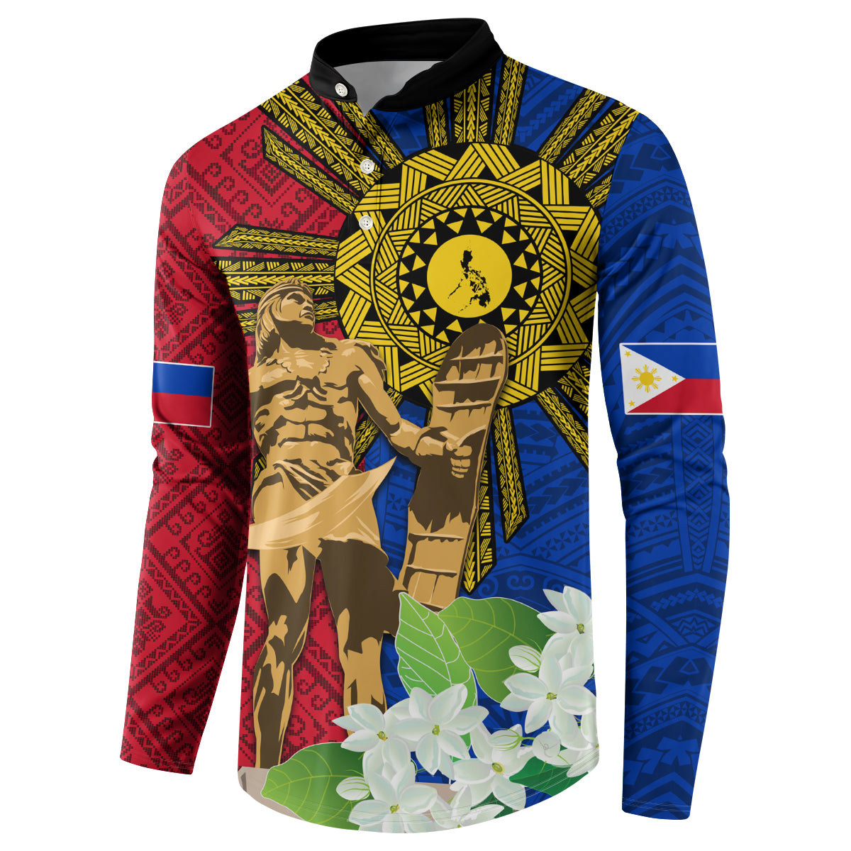 Philippines Lapu Lapu King Jasmine Flowers Button Sweatshirt Filipino Sun Tattoo LT03 - Polynesian Pride
