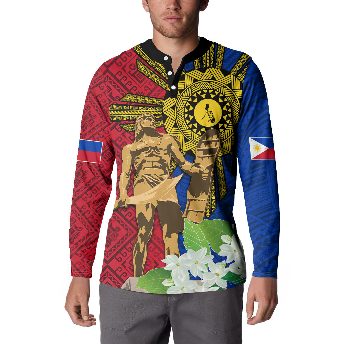 Philippines Lapu Lapu King Jasmine Flowers Button Sweatshirt Filipino Sun Tattoo LT03 - Polynesian Pride