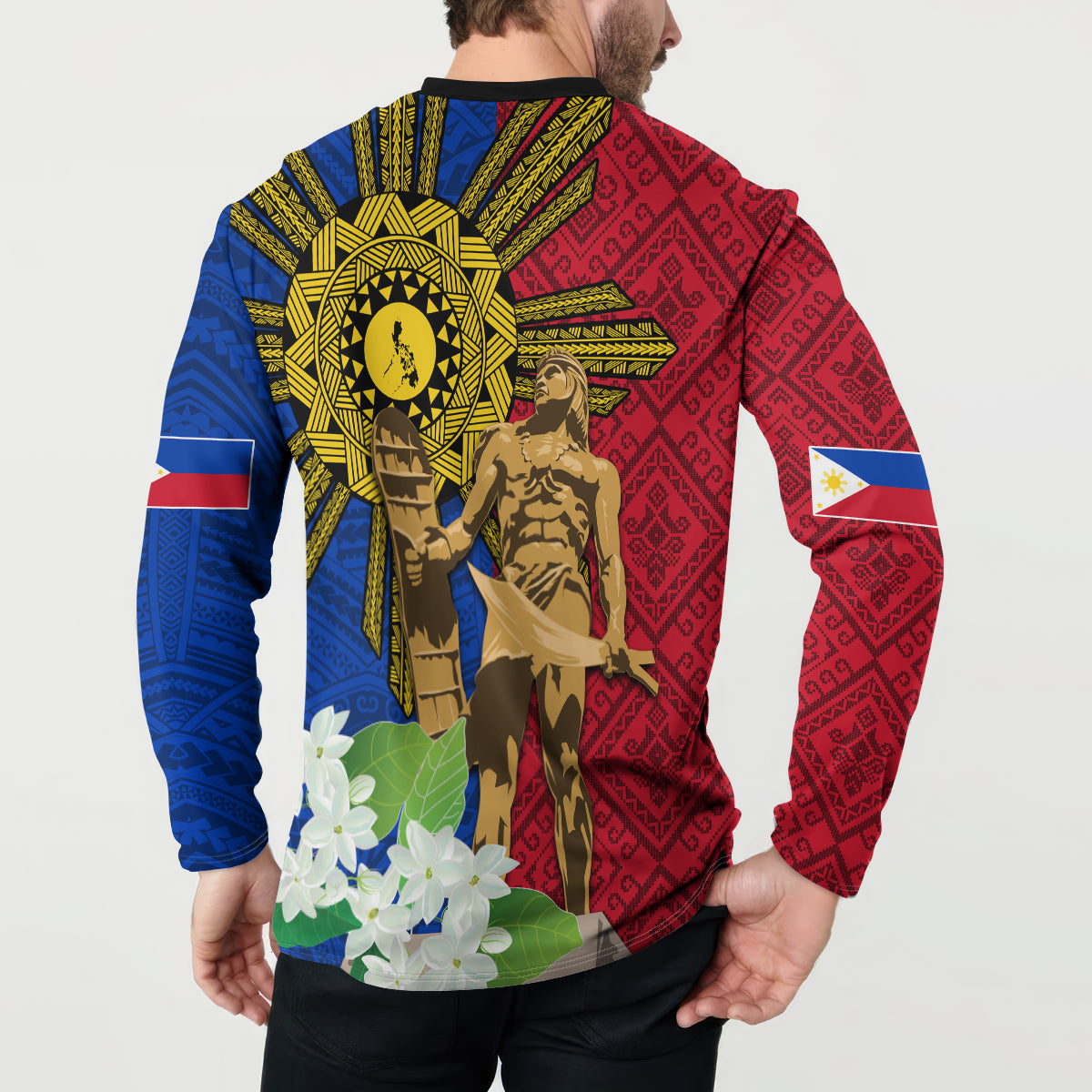 Philippines Lapu Lapu King Jasmine Flowers Button Sweatshirt Filipino Sun Tattoo LT03 - Polynesian Pride
