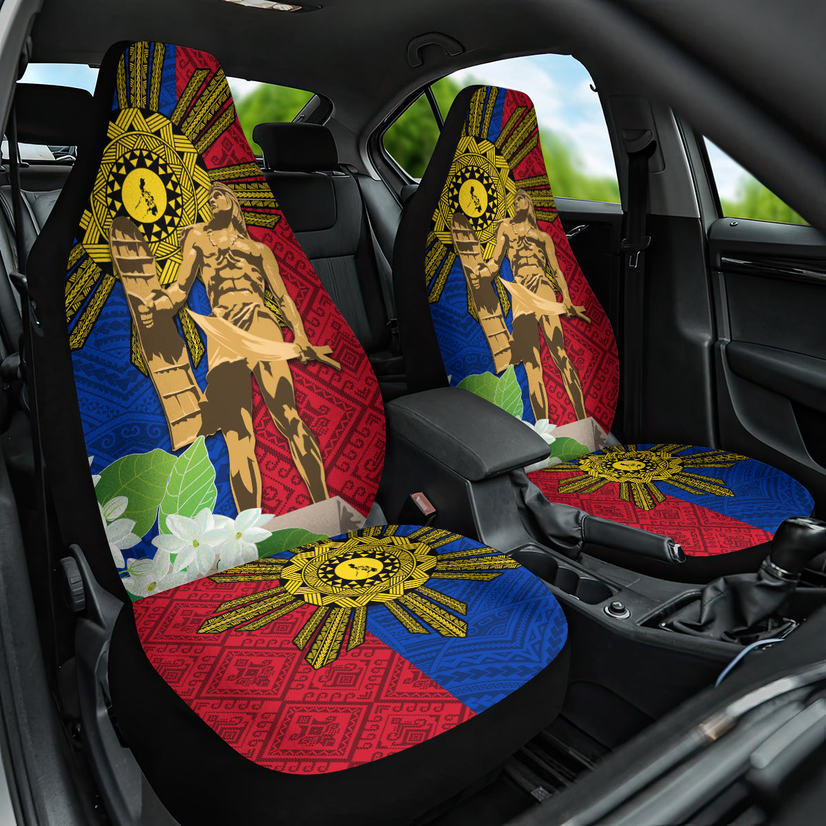 Philippines Lapu Lapu King Jasmine Flowers Car Seat Cover Filipino Sun Tattoo LT03 One Size Red - Polynesian Pride